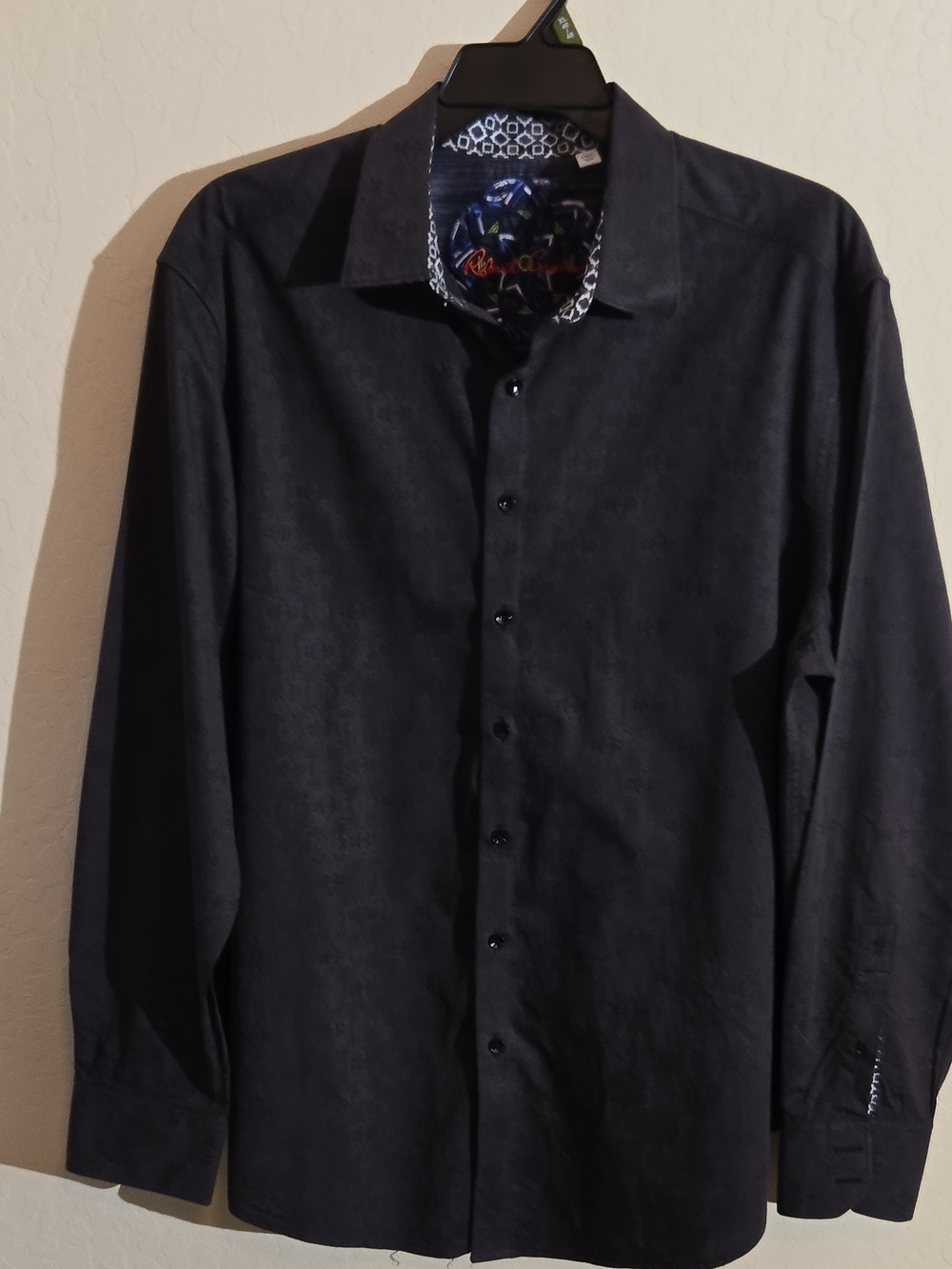 Robert Graham Black Long-Sleeve Dress Shirt with Patterned Trim
